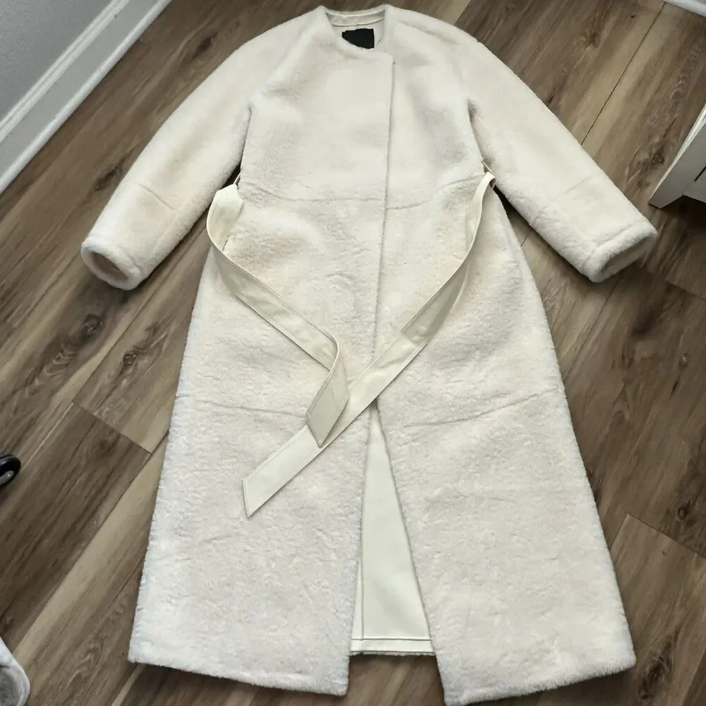 ZARA ZW Collection Faux Fur Belted Long Coat Cream Ecru Medium 4360/257 NWT